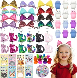 Stamps, Stickers, Stuffers for Cat Birthday Party Decorations 110PCS Cat Party Favors, Goodie Bags wildflower telegraph underestimate closet Stuffers for Kids with Sequin Hair Clips, Sequin Keychains, Soft Toys, 