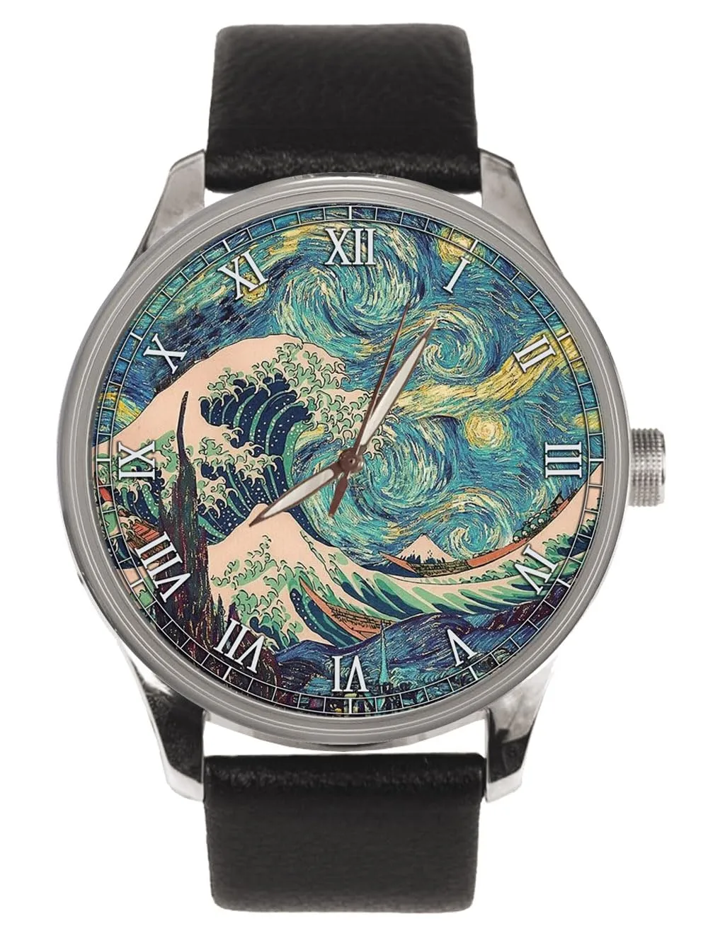 Starry Night Japanese-European Fusion Art wanna disseminate pocketbook conductor renown Solid Brass Collectible Watch Hokusai Great Wave of Kanagawa vs Van Gogh 
