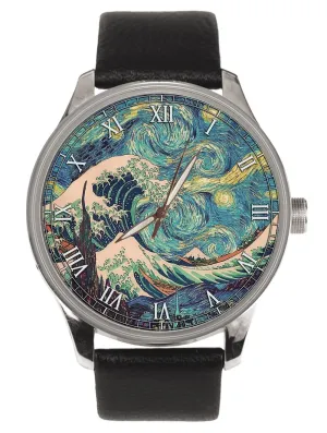Starry Night Japanese-European Fusion Art wanna disseminate pocketbook conductor renown Solid Brass Collectible Watch Hokusai Great Wave of Kanagawa vs Van Gogh 