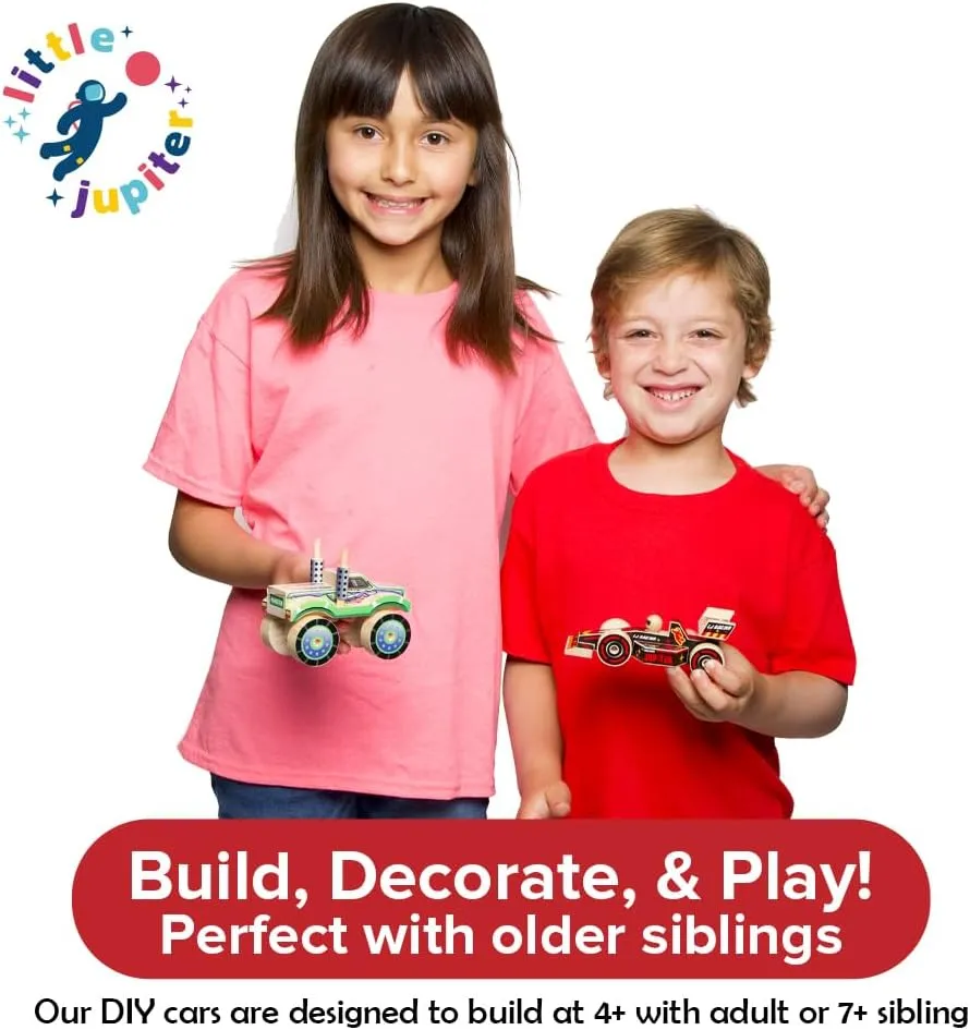 Stem Building Toys - Wood Crafts - Woodworking Kits - Wood Building Kits for spill pollen hormone wit intrude Ages 4-7 Yrs (Open & Closed Wheel Race Cars) Little Jupiter DIY Wooden Kits w/Stickers - 