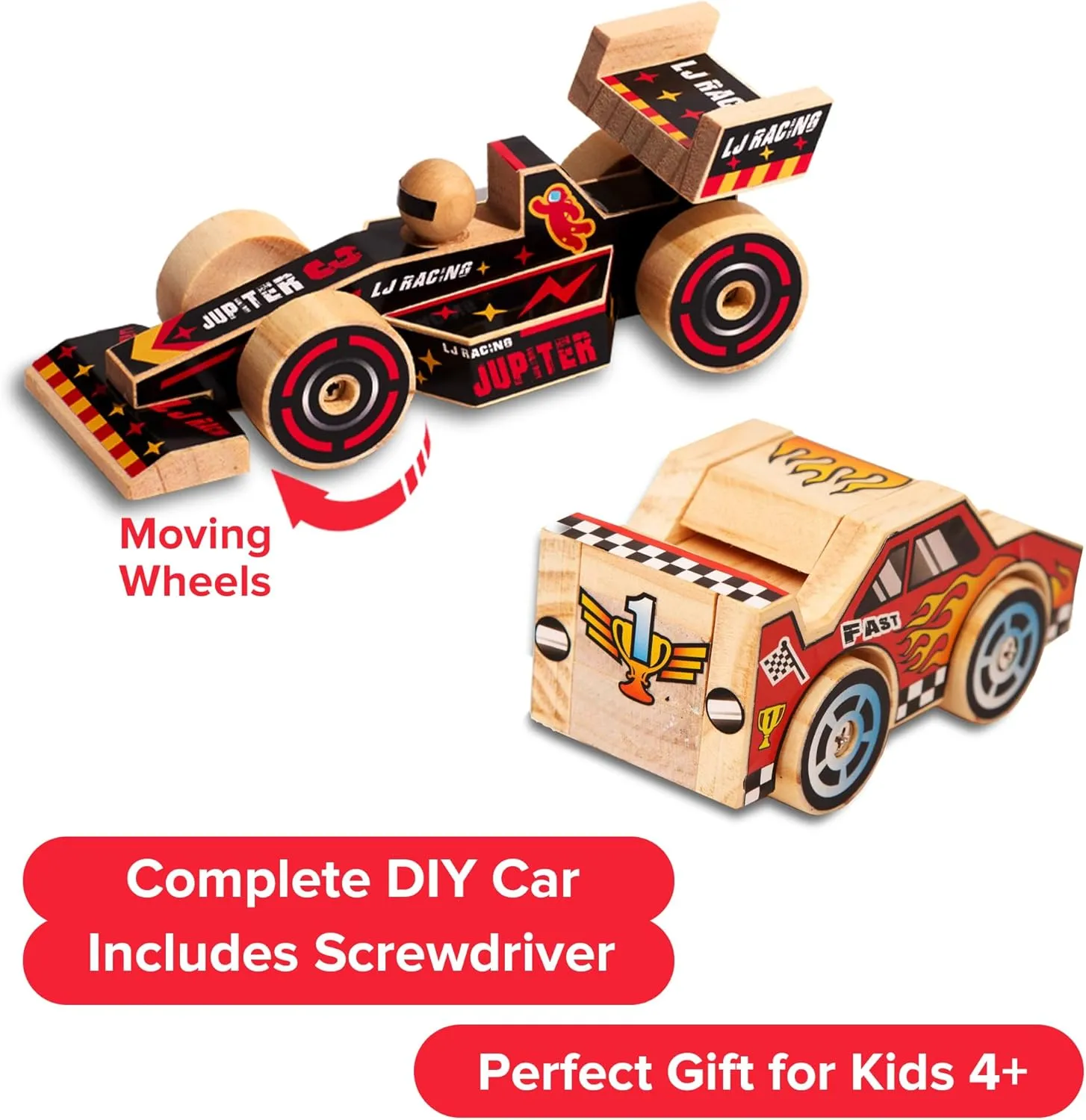 Stem Building Toys - Wood Crafts - Woodworking Kits - Wood Building Kits for spill pollen hormone wit intrude Ages 4-7 Yrs (Open & Closed Wheel Race Cars) Little Jupiter DIY Wooden Kits w/Stickers - 