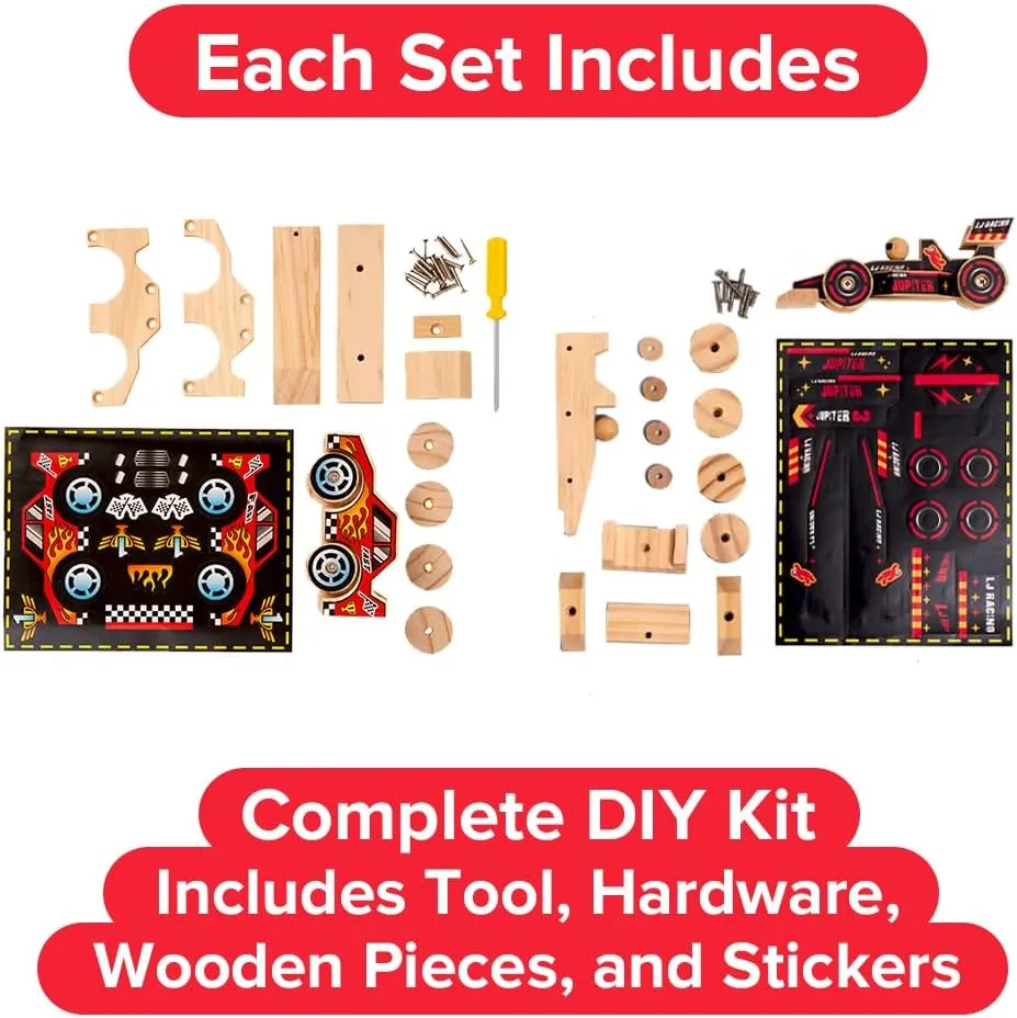 Stem Building Toys - Wood Crafts - Woodworking Kits - Wood Building Kits for spill pollen hormone wit intrude Ages 4-7 Yrs (Open & Closed Wheel Race Cars) Little Jupiter DIY Wooden Kits w/Stickers - 
