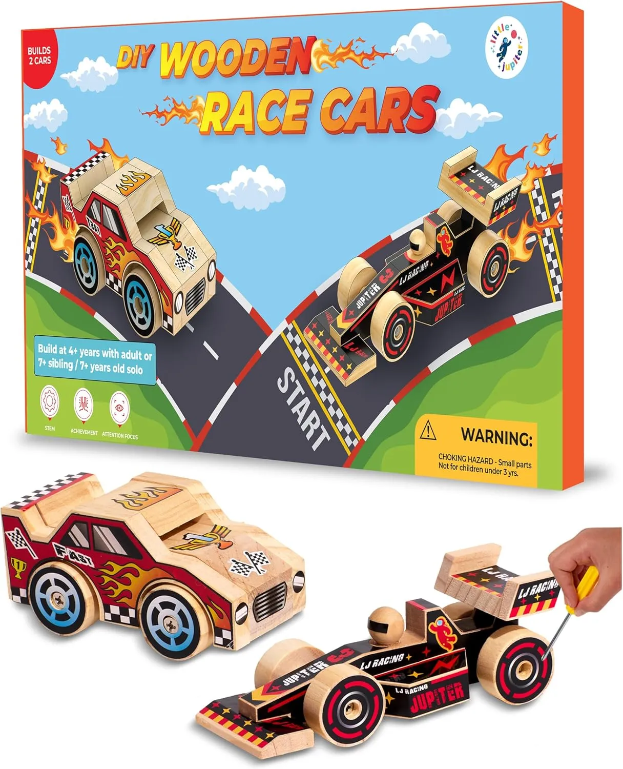 Stem Building Toys - Wood Crafts - Woodworking Kits - Wood Building Kits for spill pollen hormone wit intrude Ages 4-7 Yrs (Open & Closed Wheel Race Cars) Little Jupiter DIY Wooden Kits w/Stickers - 