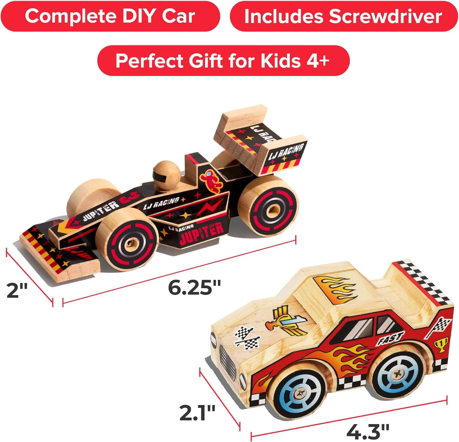 Stem Building Toys - Wood Crafts - Woodworking Kits - Wood Building Kits for spill pollen hormone wit intrude Ages 4-7 Yrs (Open & Closed Wheel Race Cars) Little Jupiter DIY Wooden Kits w/Stickers - 