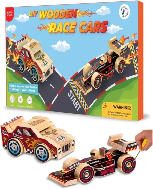 Stem Building Toys - Wood Crafts - Woodworking Kits - Wood Building Kits for spill pollen hormone wit intrude Ages 4-7 Yrs (Open & Closed Wheel Race Cars) Little Jupiter DIY Wooden Kits w/Stickers - 