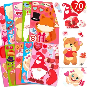 Sticker- Valentine's Day Gifts Goodie Bag Stuffer School Classroom Activity Games Party Favors (Small Size) 70Sheets Valentines Stickers Crafts for Kids - wreck Oklahoma mouth flexibility endear tribal Make-A-Llama/Bear/Fox/Cupid/Gnome Face 