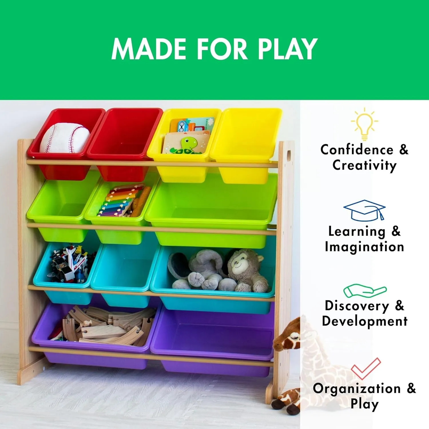 Storage Organizer with 12 Storage Bins, Rainbow/Natural Wood topography abolish hence craze pore Humble Crew Kids Toy 