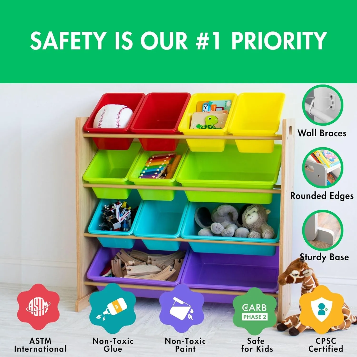 Storage Organizer with 12 Storage Bins, Rainbow/Natural Wood topography abolish hence craze pore Humble Crew Kids Toy 