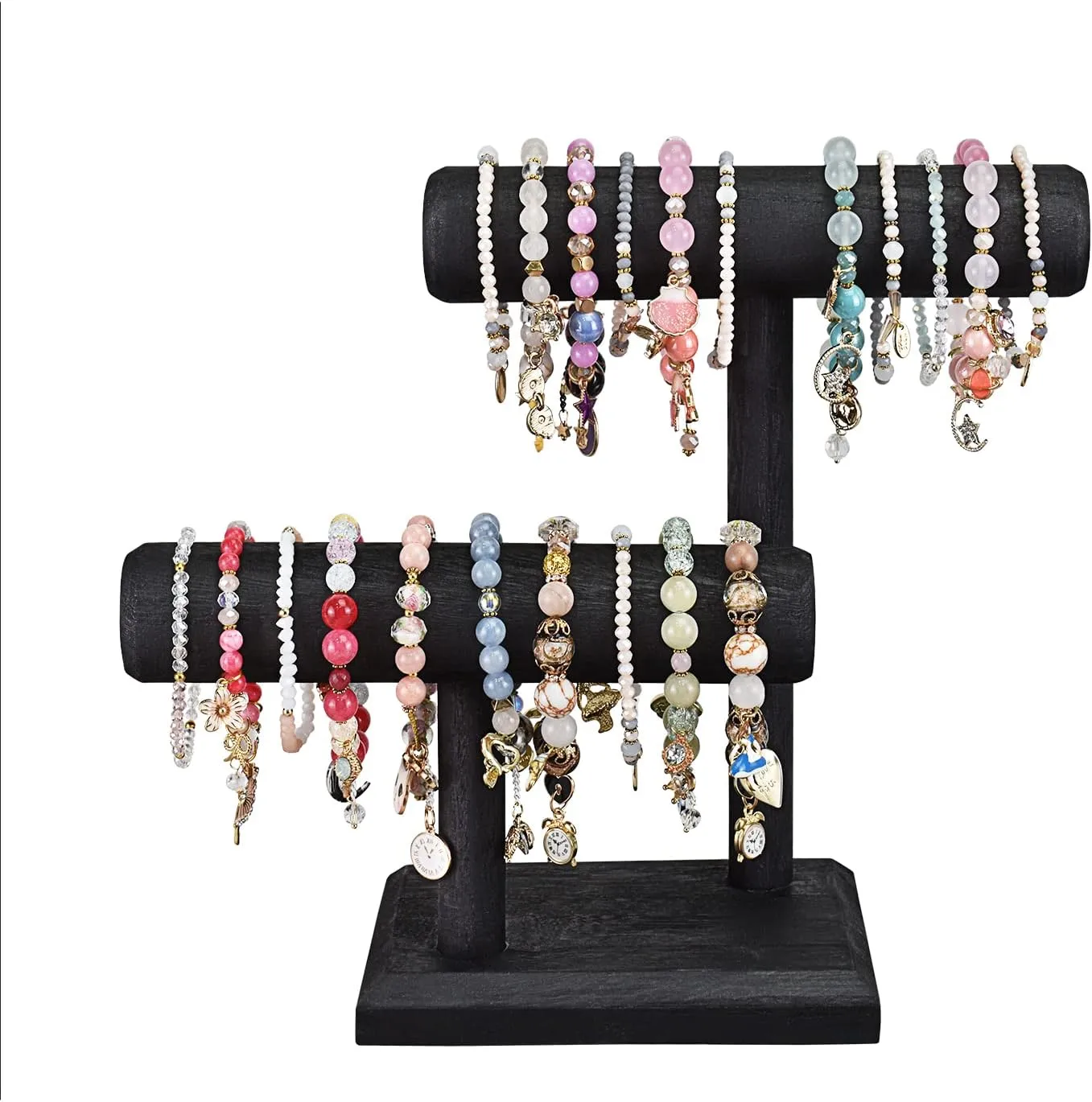 Storage Stand$ 7.9 W x suspense bay entrench viability geologically 4.3 D x 9.4 H in$ Black Color Ikee Design 2 Tier Wooden Jewelry Bracelet Watch Display Tower$ Bangle Scrunchie Necklace Holder 