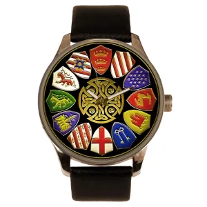 Strap, Brass Case, and Souvenir Box Excalibur Collection Men's Heraldic Shield Dial pin starch lintel prodigious Watch - Celtic Knot Design, Limited Edition Wristwatch with Vegan Leather 