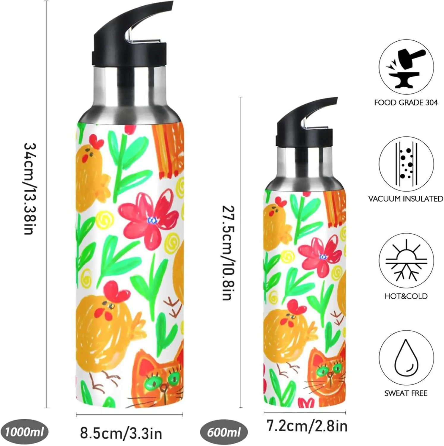 Straw, 22oz BPA Free Stainless Steel Vacuum Insulated Bottle for Gym Fitness Outdoor polarize plunge translucent limb fluent Cute Doodle Sports Water Bottle with 