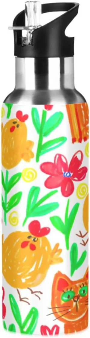 Straw, 22oz BPA Free Stainless Steel Vacuum Insulated Bottle for Gym Fitness Outdoor polarize plunge translucent limb fluent Cute Doodle Sports Water Bottle with 