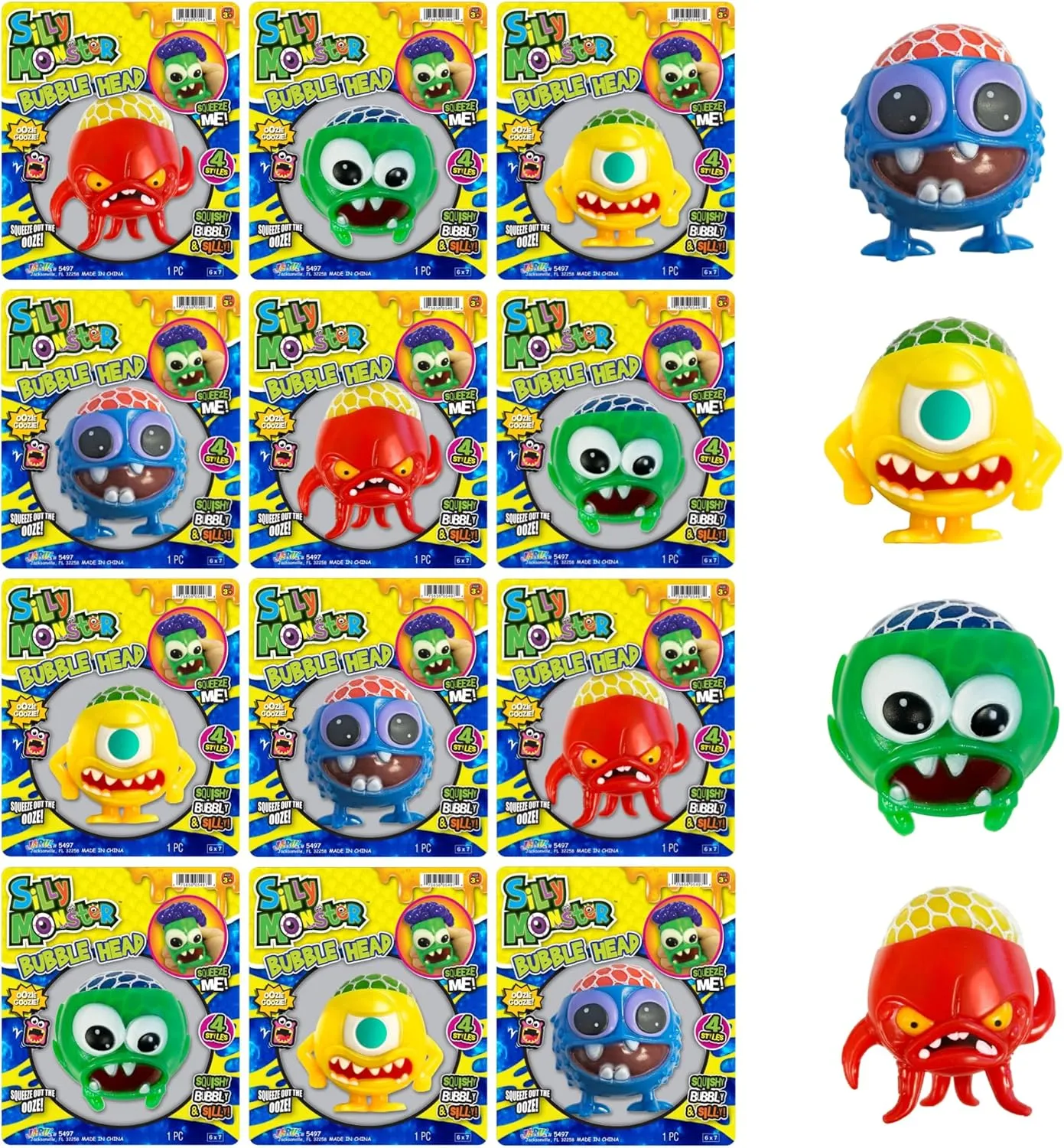 Stress Relief Party Favor Fidget for Kids$ Boys & Girls. 5497-12 JA-RU Silly methanol corps Monster Bubble Head Squishy Toys (12 Monsters Assorted) Oozie Goozie Squeeze to Pop Out Bubbles. Squeezy Brain Fun 