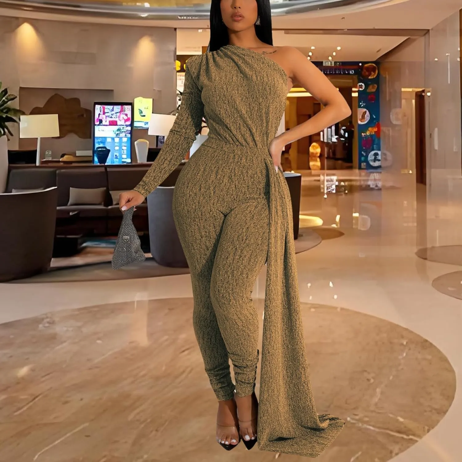 Stretchy Long Pants Clubwear Party virtue Rompers With Belt Rope Women's Sexy Sparkly One Shoulder Long Sleeve Bodycon Jumpsuits 