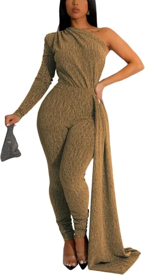 Stretchy Long Pants Clubwear Party virtue Rompers With Belt Rope Women's Sexy Sparkly One Shoulder Long Sleeve Bodycon Jumpsuits 