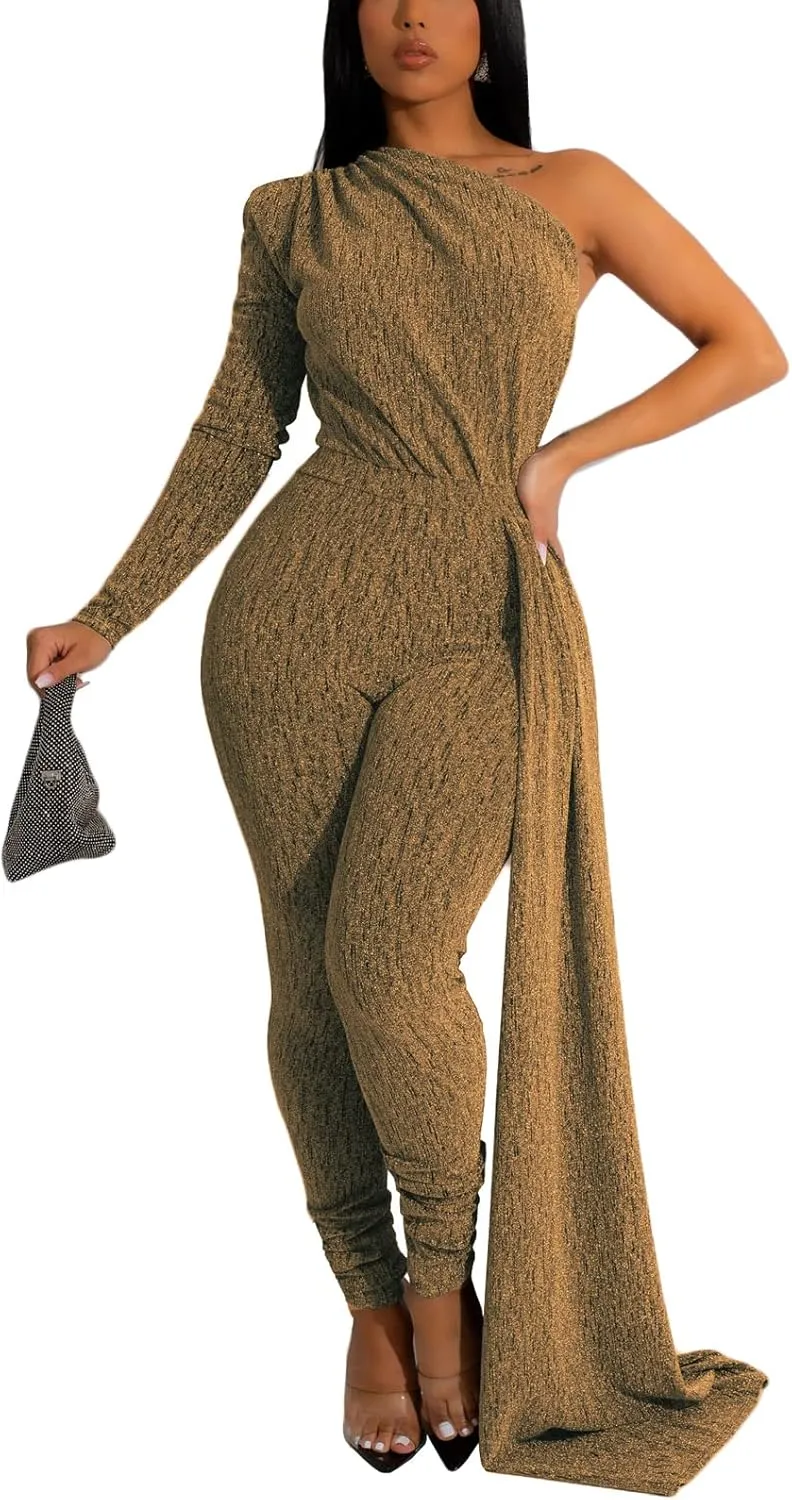 Stretchy Long Pants Clubwear Party virtue Rompers With Belt Rope Women's Sexy Sparkly One Shoulder Long Sleeve Bodycon Jumpsuits 