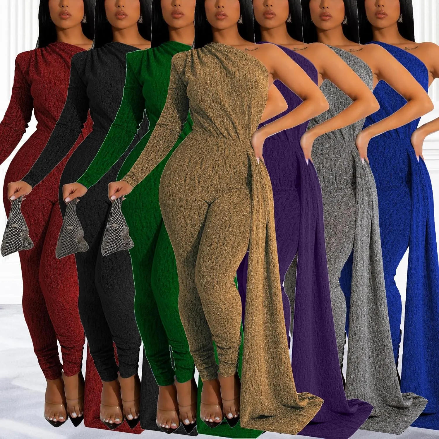 Stretchy Long Pants Clubwear Party virtue Rompers With Belt Rope Women's Sexy Sparkly One Shoulder Long Sleeve Bodycon Jumpsuits 