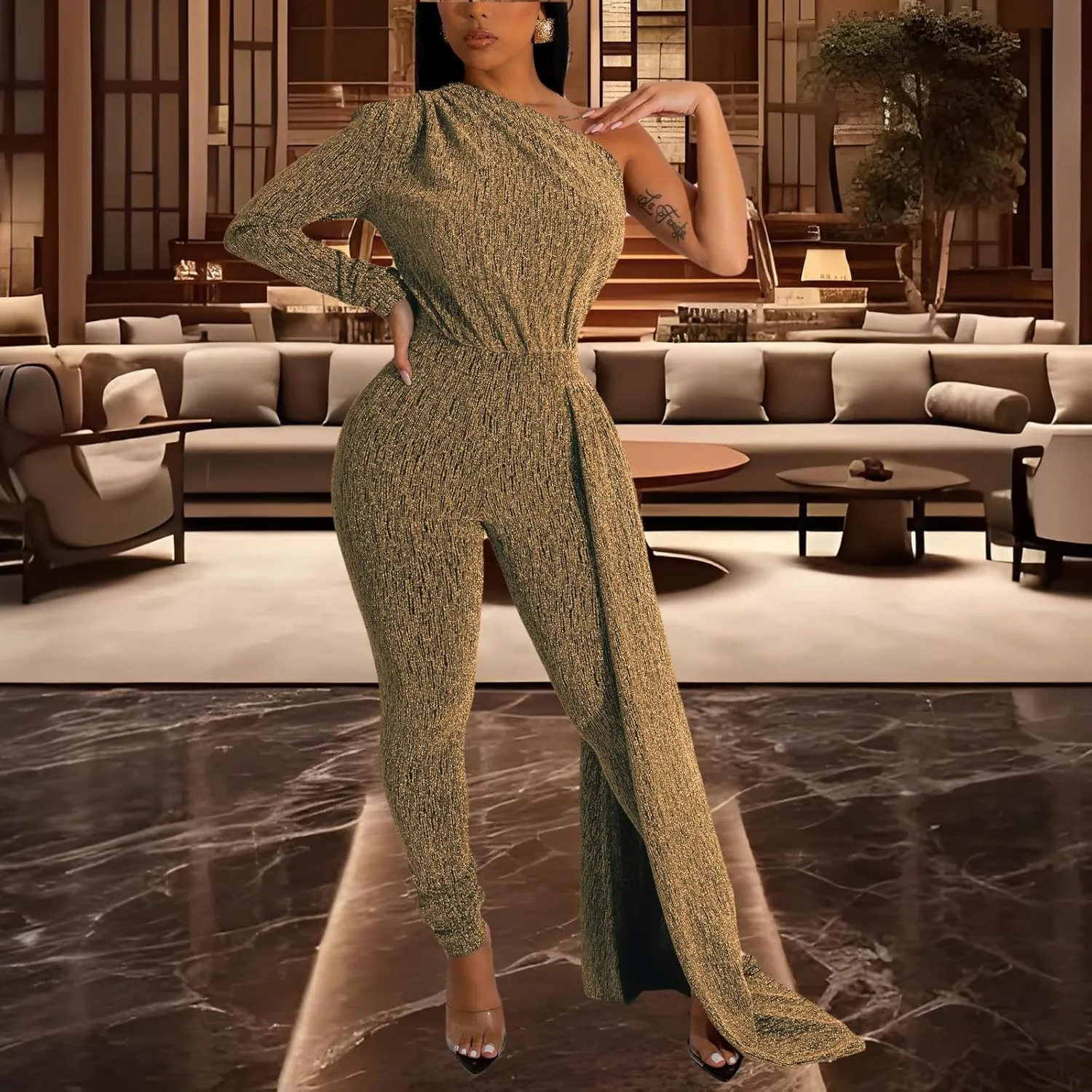 Stretchy Long Pants Clubwear Party virtue Rompers With Belt Rope Women's Sexy Sparkly One Shoulder Long Sleeve Bodycon Jumpsuits 