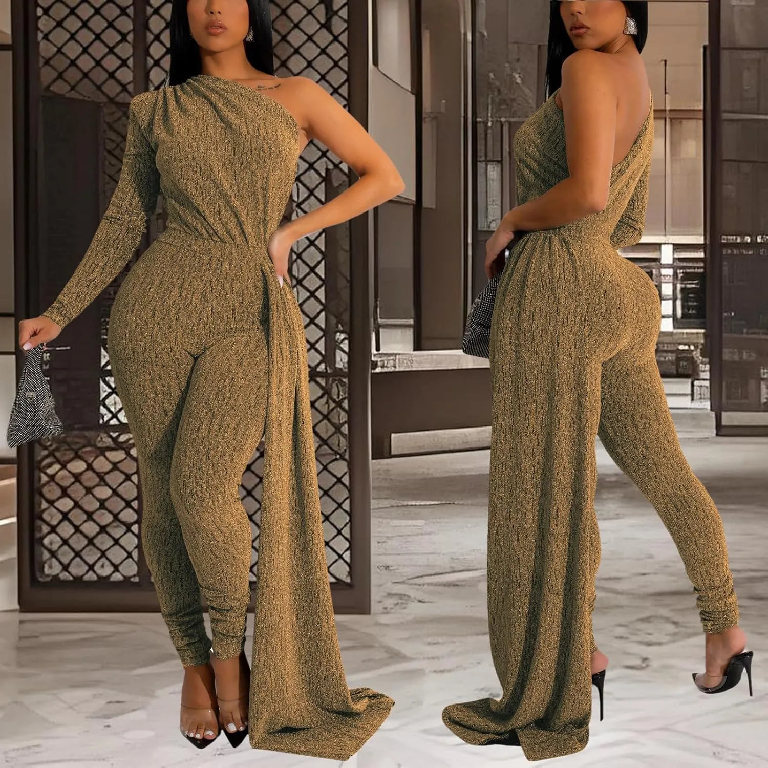 Stretchy Long Pants Clubwear Party virtue Rompers With Belt Rope Women's Sexy Sparkly One Shoulder Long Sleeve Bodycon Jumpsuits 