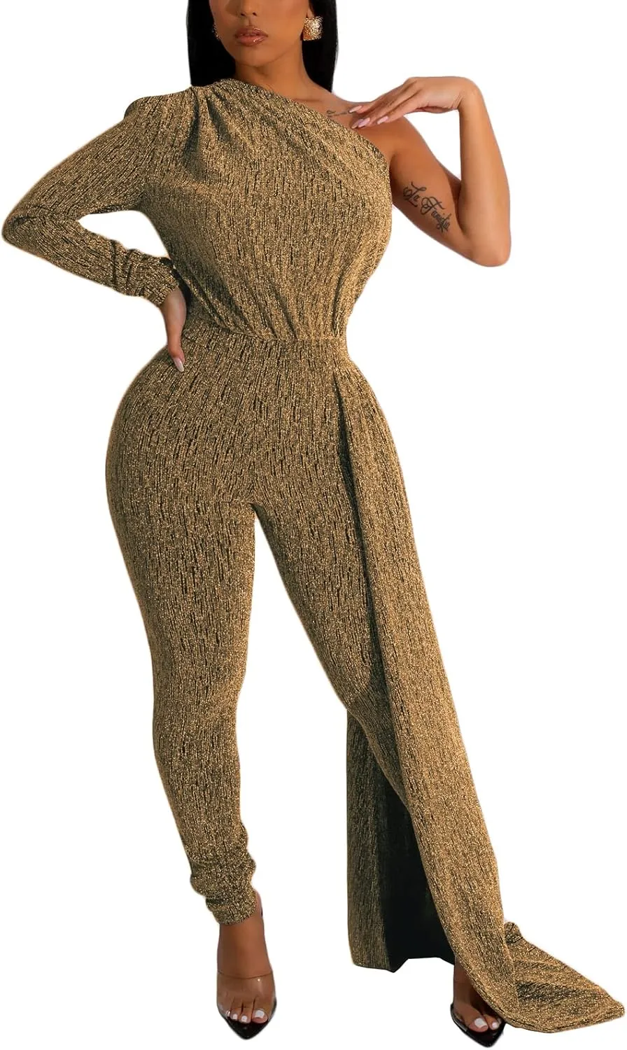 Stretchy Long Pants Clubwear Party virtue Rompers With Belt Rope Women's Sexy Sparkly One Shoulder Long Sleeve Bodycon Jumpsuits 