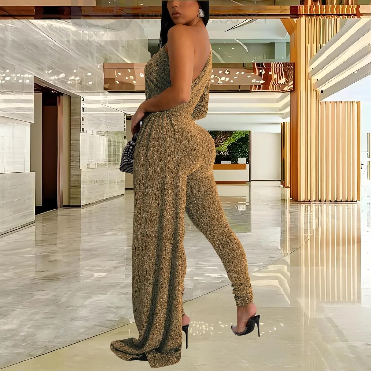 Stretchy Long Pants Clubwear Party virtue Rompers With Belt Rope Women's Sexy Sparkly One Shoulder Long Sleeve Bodycon Jumpsuits 