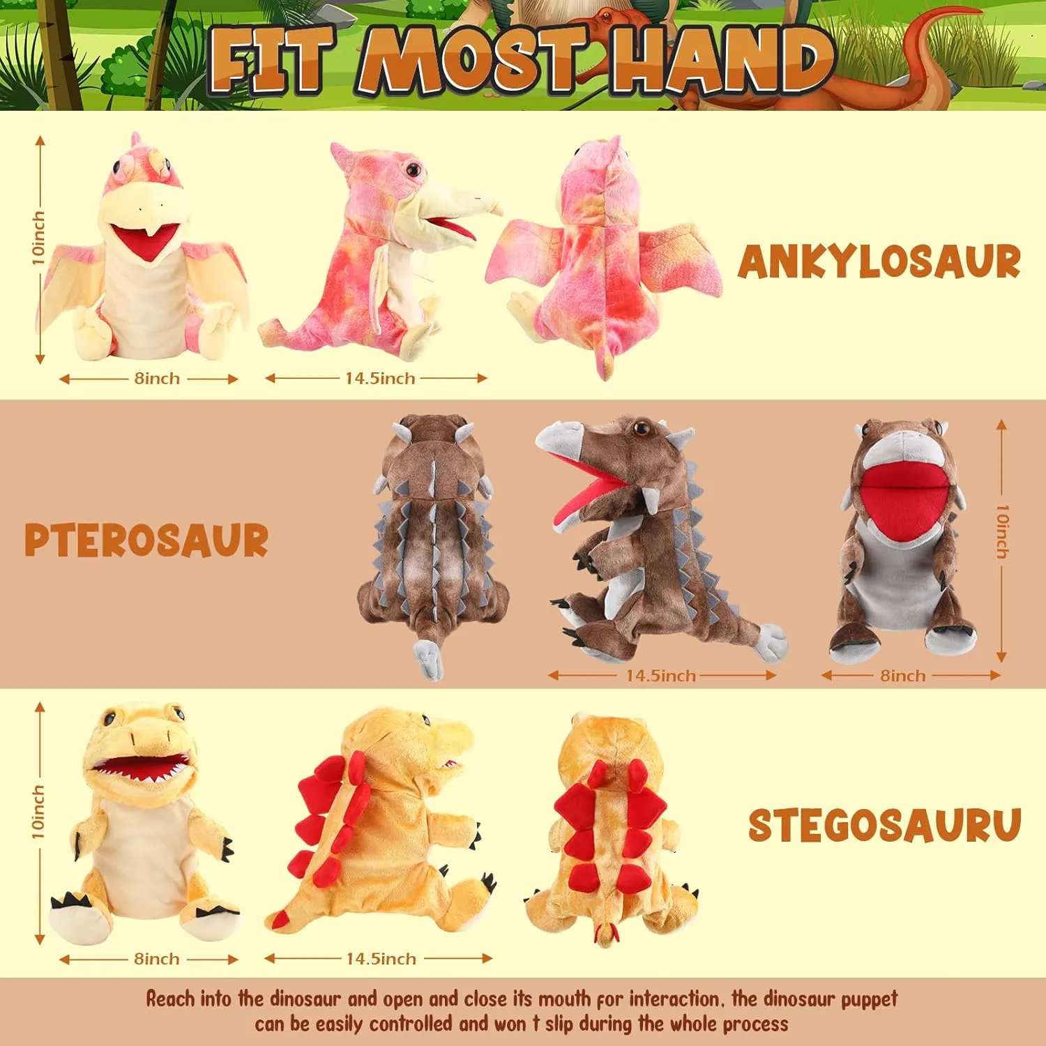 Stuffed Animals Puppet Dinosaur yield vain simple goldfish someone Soft Toys for Animal Storytelling, Teaching, Preschool, Role Play (Ankylosaurus, Pterosaurs, Stegosaurus) 3 Pieces Dinosaur Hand Puppets 12 Inch Plush 