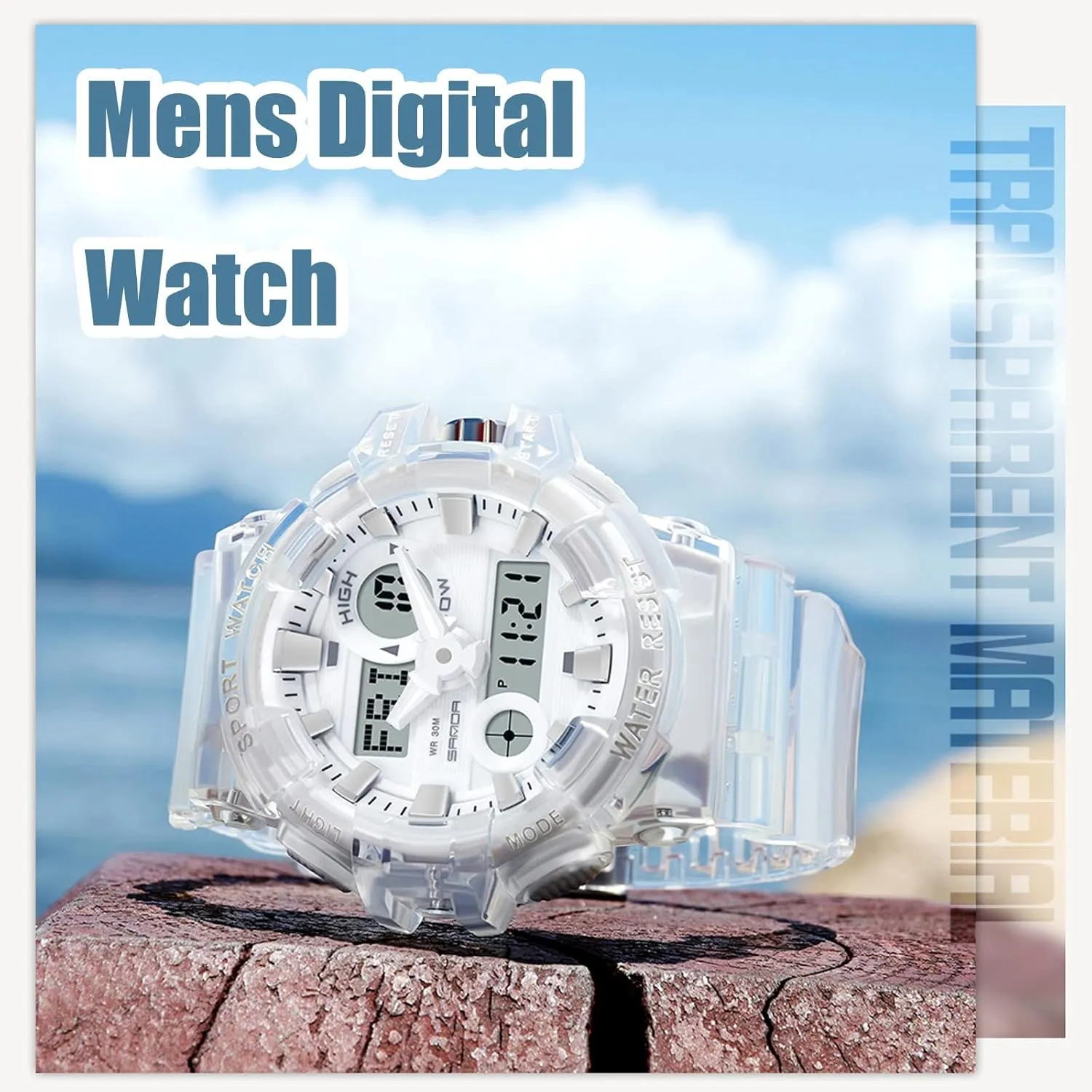 Tactical Wristwatches rainwater fertile for Summer 12/24H Dual Time Display Stopwatch findtime Reloj para Hombre Digital Analog Watch for Men, Mens Sports Watches Transparent White Unique Designer LED 