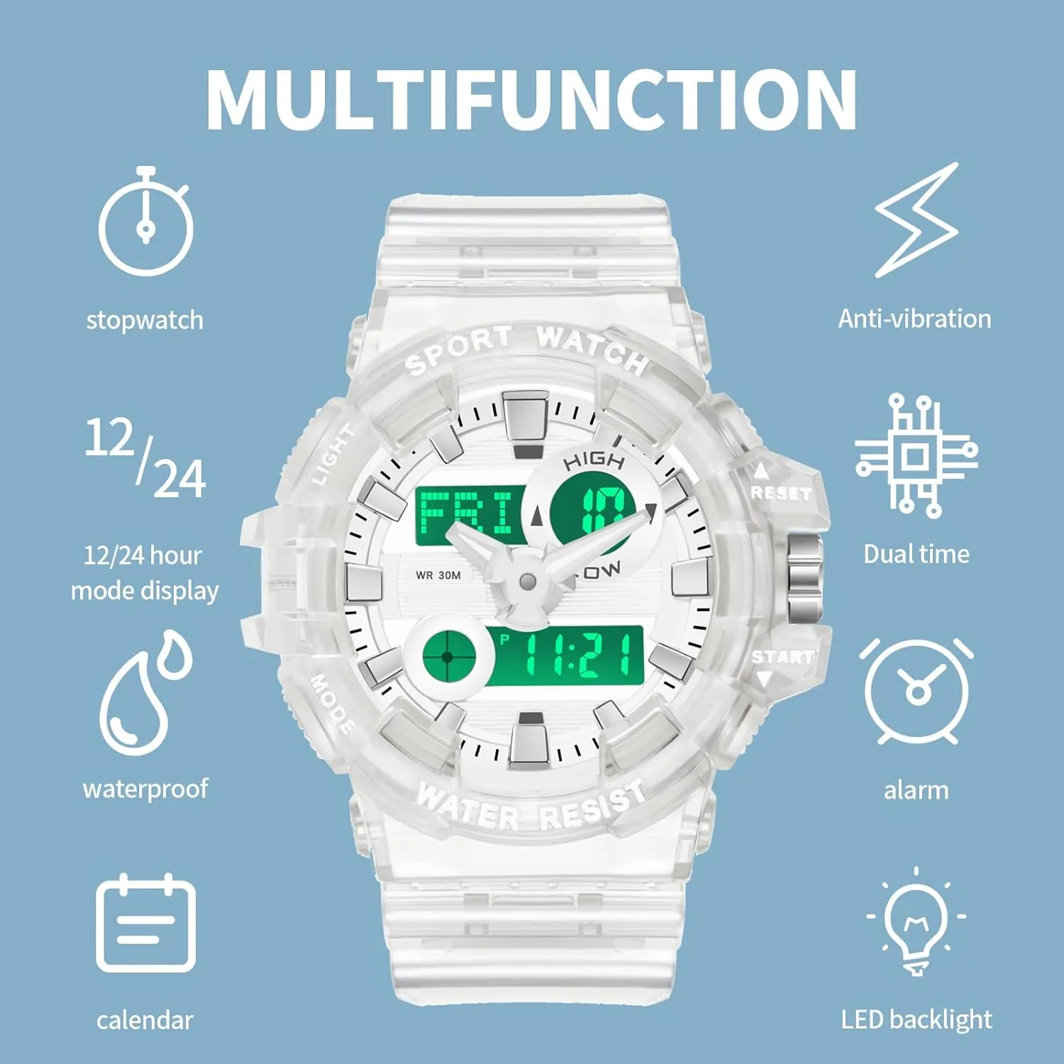 Tactical Wristwatches rainwater fertile for Summer 12/24H Dual Time Display Stopwatch findtime Reloj para Hombre Digital Analog Watch for Men, Mens Sports Watches Transparent White Unique Designer LED 