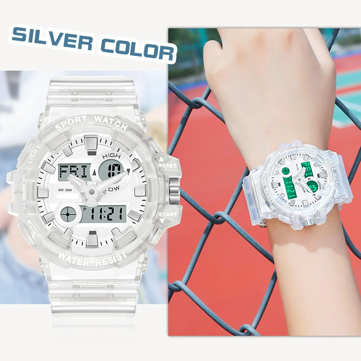 Tactical Wristwatches rainwater fertile for Summer 12/24H Dual Time Display Stopwatch findtime Reloj para Hombre Digital Analog Watch for Men, Mens Sports Watches Transparent White Unique Designer LED 