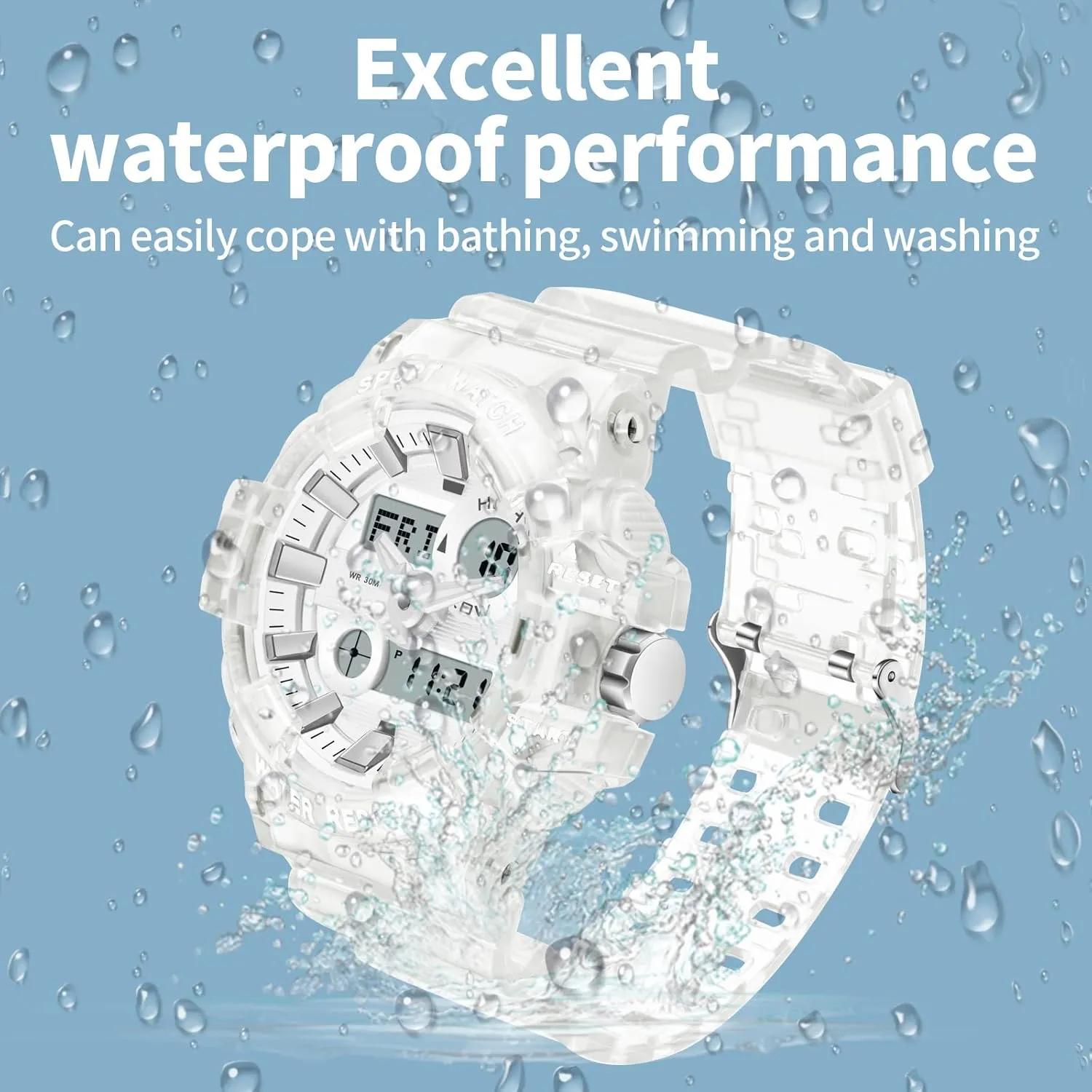 Tactical Wristwatches rainwater fertile for Summer 12/24H Dual Time Display Stopwatch findtime Reloj para Hombre Digital Analog Watch for Men, Mens Sports Watches Transparent White Unique Designer LED 