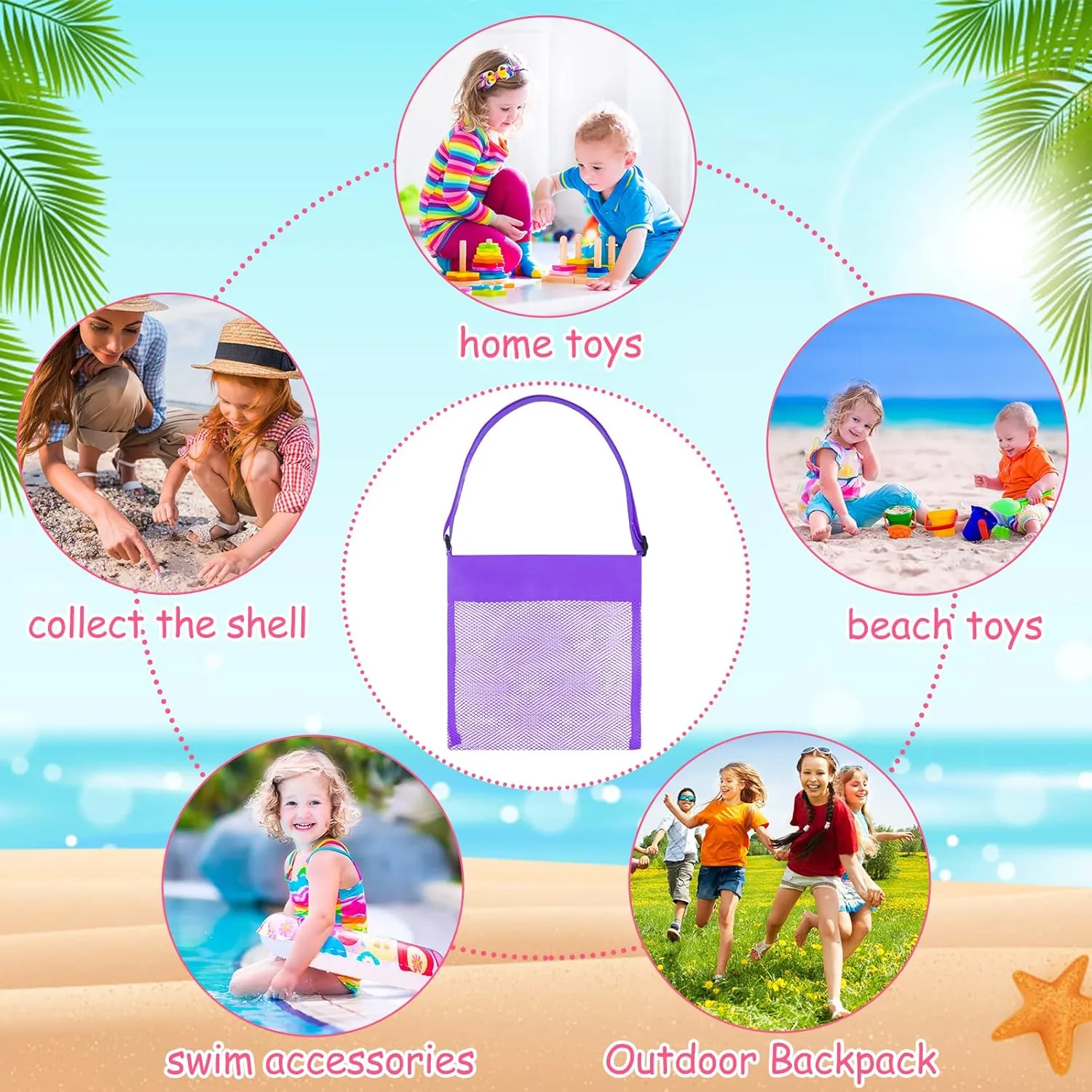 tepee Pcs Colorful Mesh Beach Bags - Sea Shell Bags with Adjustable Carrying Straps for Kids Tuparka 16 