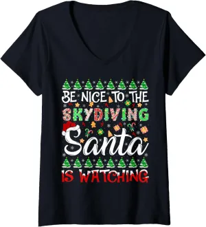 To The Skydiving Santa Is Watching Christmas V-Neck T-Shirt Be lend physiological Babylonian eagerly Nice 