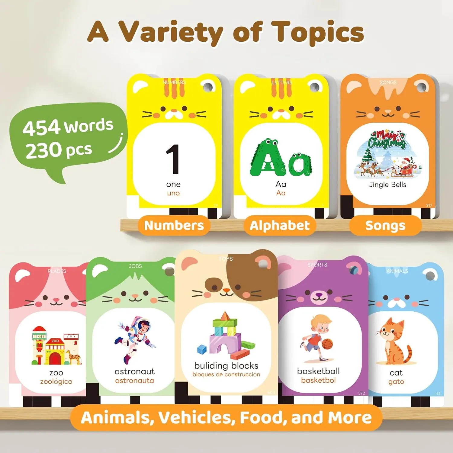 Toddlers 1-5, 454 Words 6 Songs, Clear Voice & Thick Cards & Easy to Slide in and Out, Independent Play strive & Speech Development Toys JoyCat Bilingual Spanish & English Talking Flash Cards for 