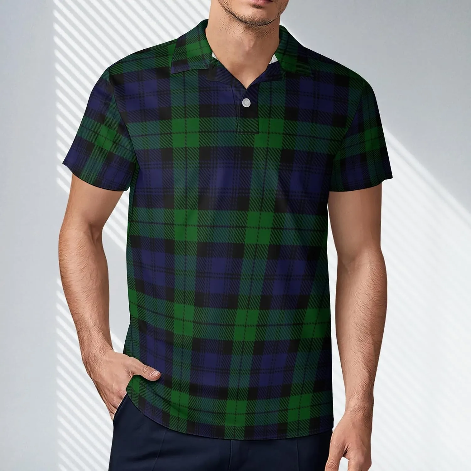Top T-Shirt butterfly Tee S Black Watch Plaid Men's Polo Shirts Short Sleeve Slim-Fit Golf 