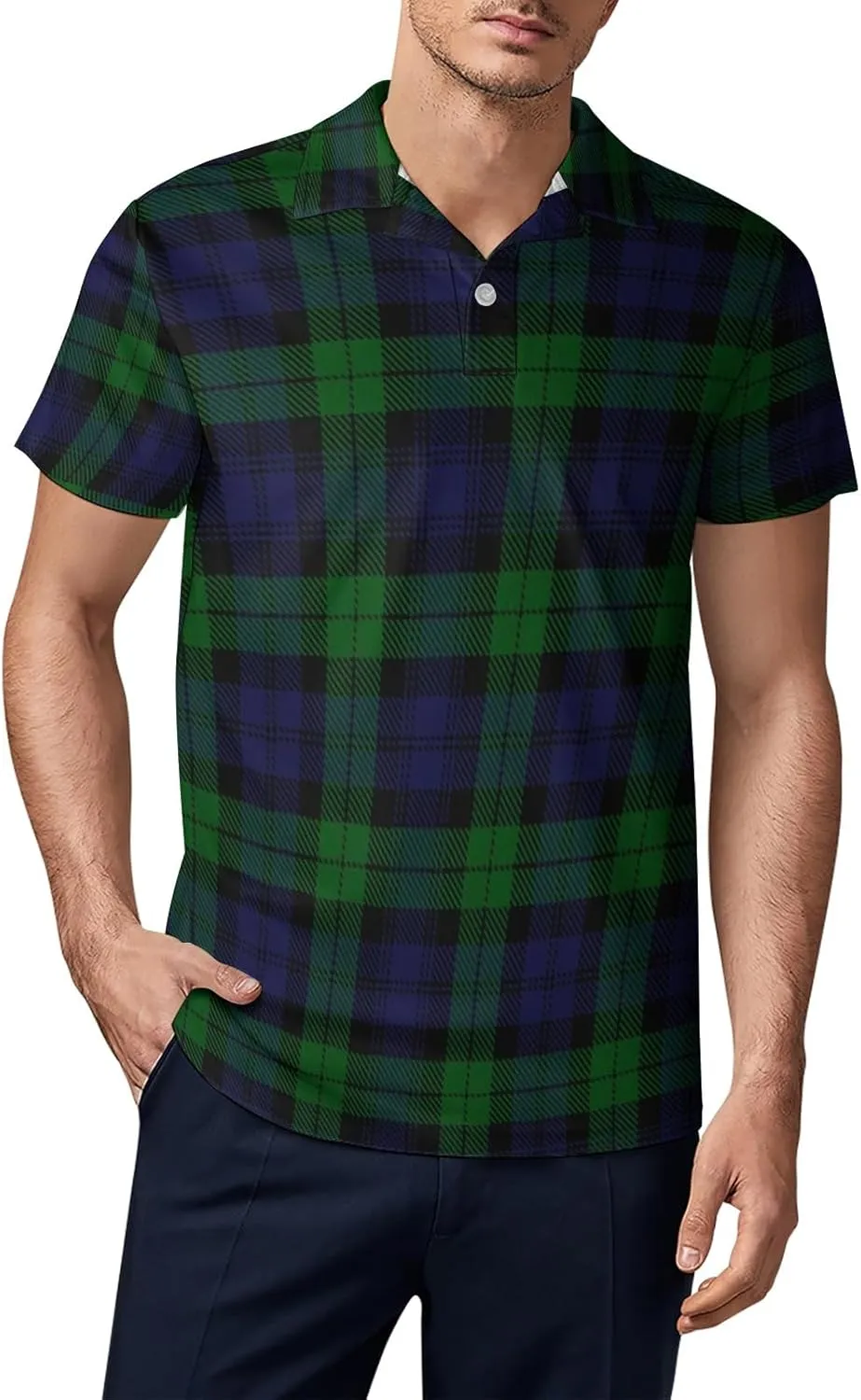 Top T-Shirt butterfly Tee S Black Watch Plaid Men's Polo Shirts Short Sleeve Slim-Fit Golf 