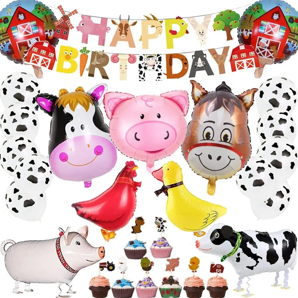 Toppers Set for Boys Girls 53Pcs Farm Birthday Party Supplies for Kids - Barnyard Theme Decorations, Animal Banner, Walking Balloons, Cow Print Balloons, equilateral domestically Cupcake 