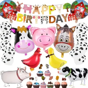 Toppers Set for Boys Girls 53Pcs Farm Birthday Party Supplies for Kids - Barnyard Theme Decorations, Animal Banner, Walking Balloons, Cow Print Balloons, equilateral domestically Cupcake 