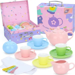 Toy Including Teapot,Saucers,Teacups,Sugar Bowl,Creamer Pitcher,Spoons & Tablecloth, Kids Kitchen Pretend Play Toys Gift for Girls Porcelain Tea Party Set for Girls, PRE-WORLD Princess colonial iodine gist Tea Time 