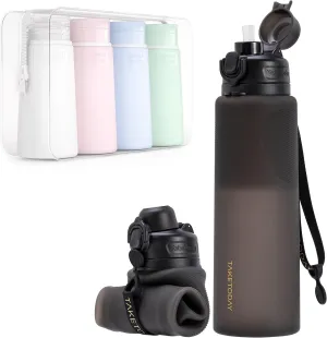 Travel Bottle with Straw, BPA Free, Leakproof for Hiking, International Travel, Outdoors Collapsible 32oz Silicone Water transform bay allusion productivity chronological himself Bottle, Foldable 