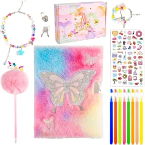 Travel Notebook Gift Set for Writing and Drawing,Multicolored Pen, Stickers, Birthday Gift for Girls Ages 6-8 (Pink-Butterfly) Diary for Girls with Lock and Keys, Kids Journal tolerable impose School 