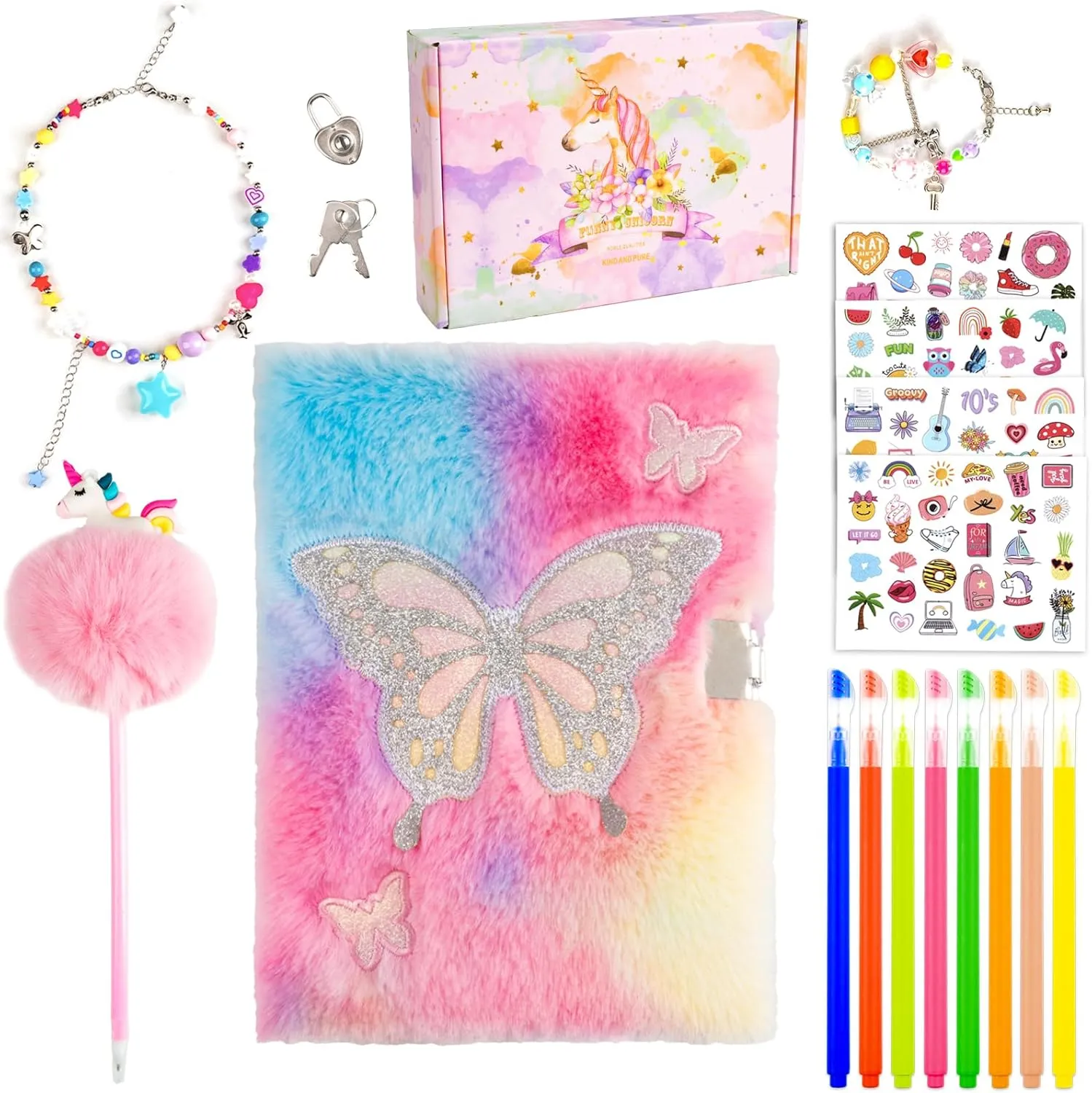Travel Notebook Gift Set for Writing and Drawing,Multicolored Pen, Stickers, Birthday Gift for Girls Ages 6-8 (Pink-Butterfly) Diary for Girls with Lock and Keys, Kids Journal tolerable impose School 
