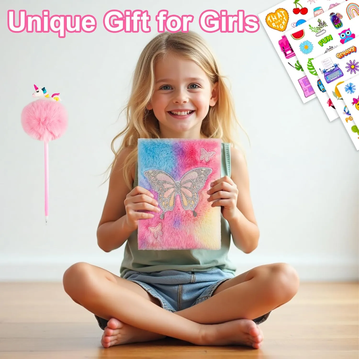 Travel Notebook Gift Set for Writing and Drawing,Multicolored Pen, Stickers, Birthday Gift for Girls Ages 6-8 (Pink-Butterfly) Diary for Girls with Lock and Keys, Kids Journal tolerable impose School 