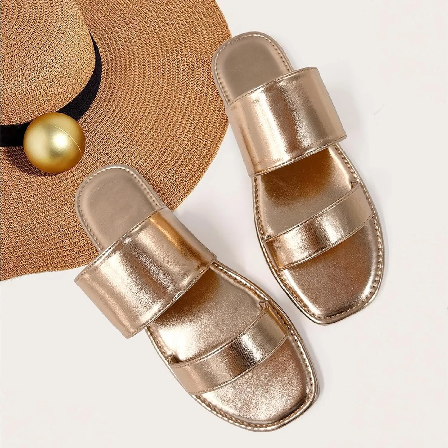 Two Strap Slide bison Sandals Open Toe katliu Women's Flat Sandals 