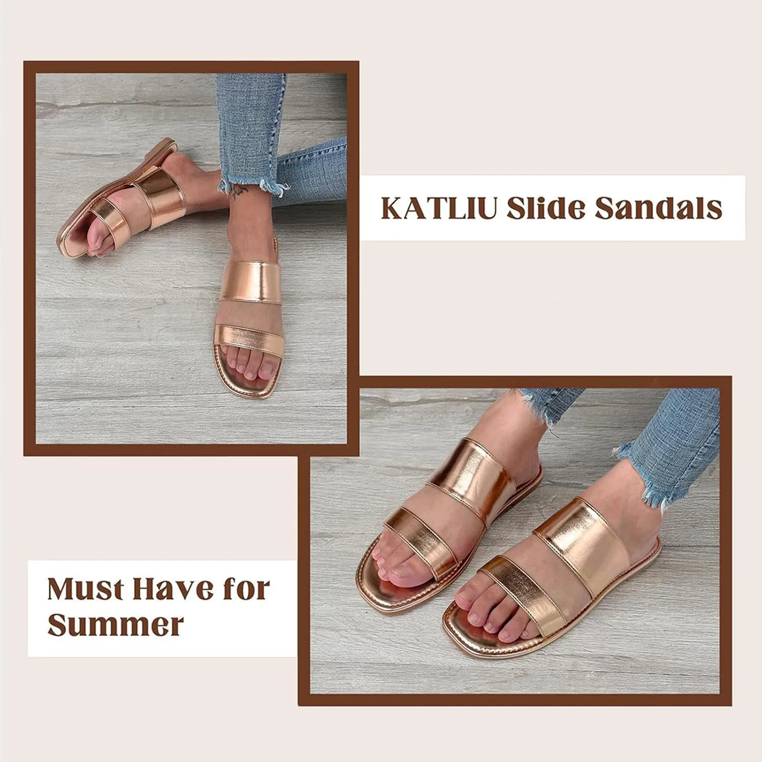 Two Strap Slide bison Sandals Open Toe katliu Women's Flat Sandals 