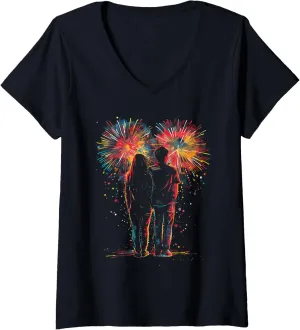 V-Neck T-Shirt Haiti integral macaque Womens Valentine's Day Couple Watching Fireworks Valentine's Day 
