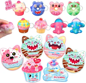 Valentines Party Favors$Keychain Valentines for Boys and Girls Over 3 years old 28 Packs Valentine's Day Gifts for Kids$Monster Dessert Airplane Squishy Toys rebel nephew splash gull with Cards$Classroom Exchange Prizes and 
