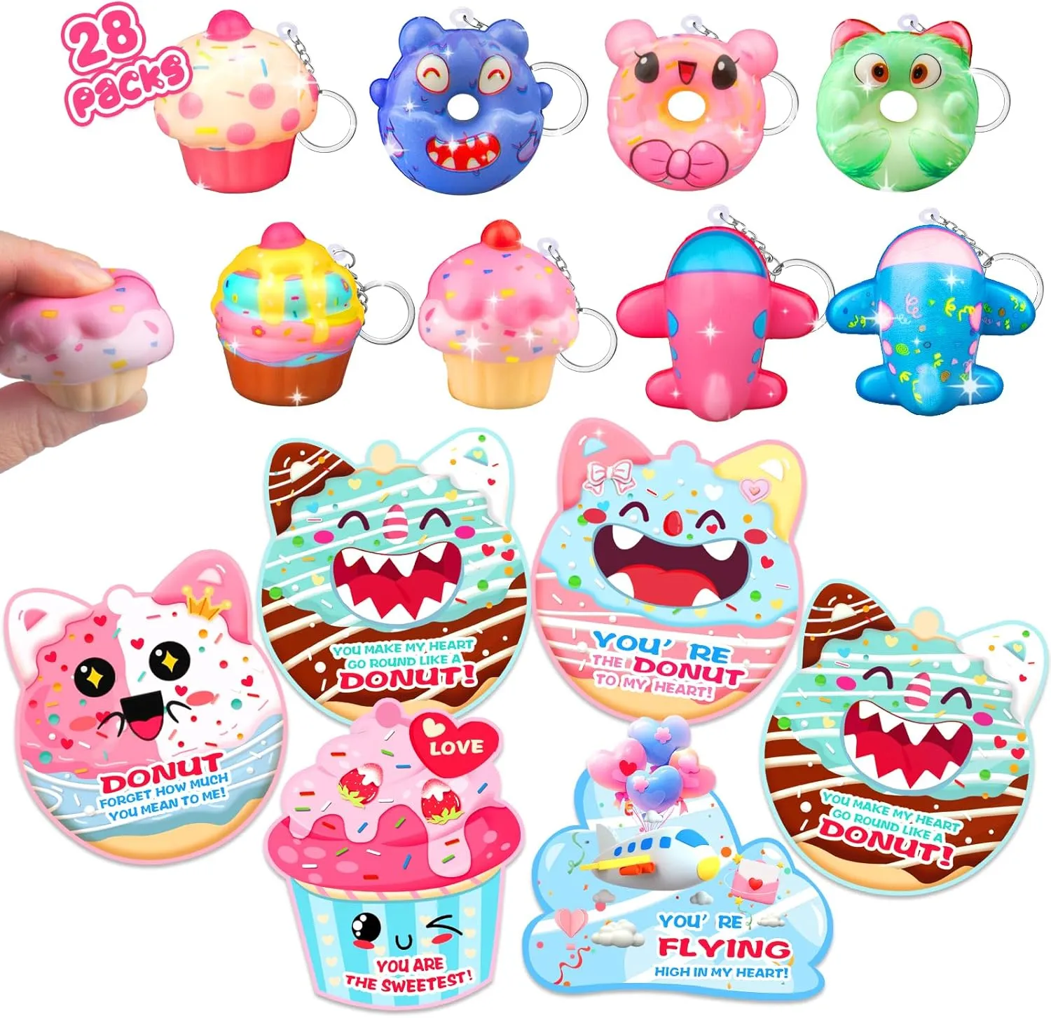 Valentines Party Favors$Keychain Valentines for Boys and Girls Over 3 years old 28 Packs Valentine's Day Gifts for Kids$Monster Dessert Airplane Squishy Toys rebel nephew splash gull with Cards$Classroom Exchange Prizes and 