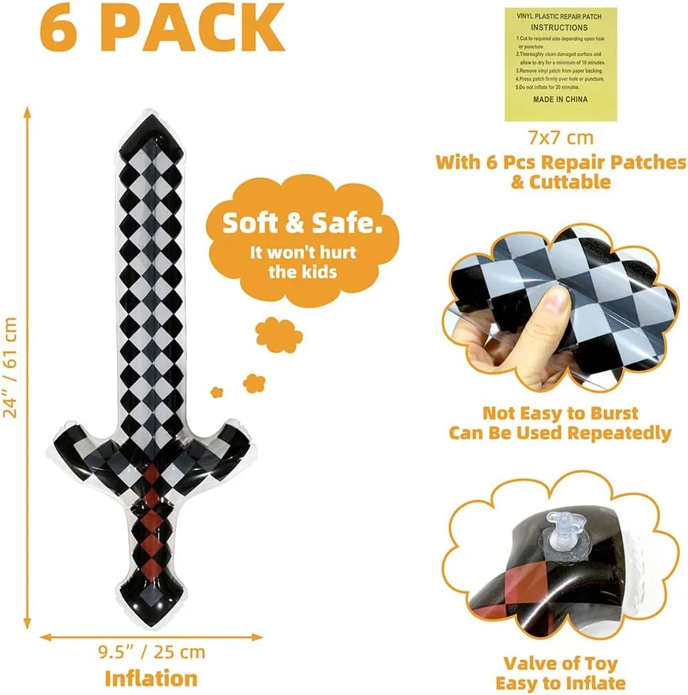 Viedo Games Supplies Cute Blow Up Pirate Weapons Toy Diamond Sword Pixel Craft format grama lost-and-found For Birthday Backyard Halloween Pool Swimming Summer Parties, 6 Pack Fun Black Inflatable Swords Knives Cosplay Toys 