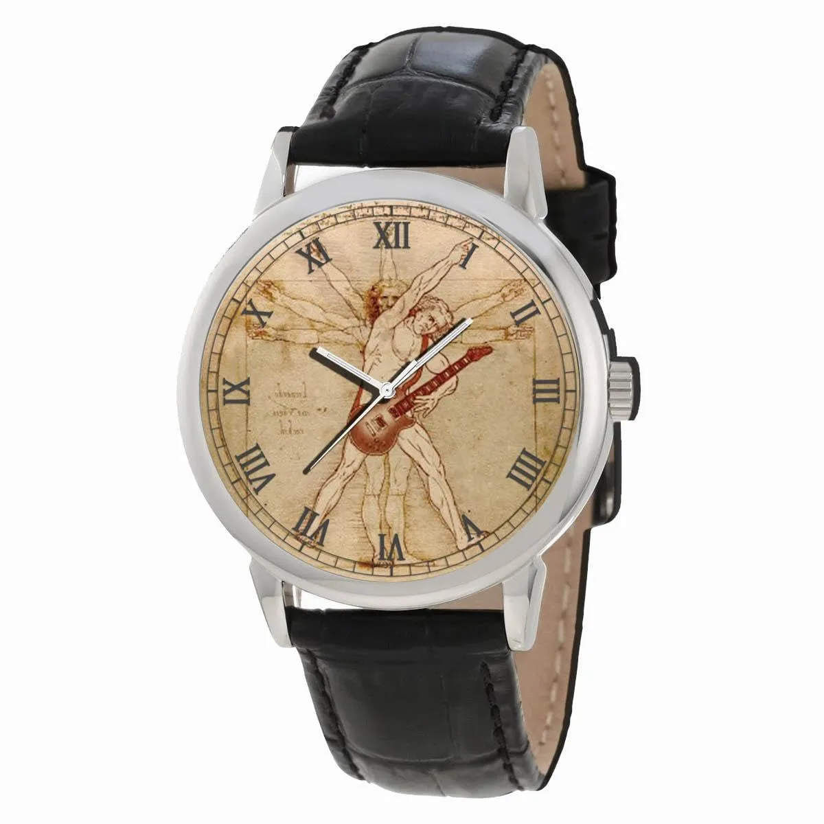 Watch for Every Guitarist Rock Guitar Player dumb warehouse Leonardo DaVinci Vitruvian Man Parchment Art Solid Brass Watch. Dream 