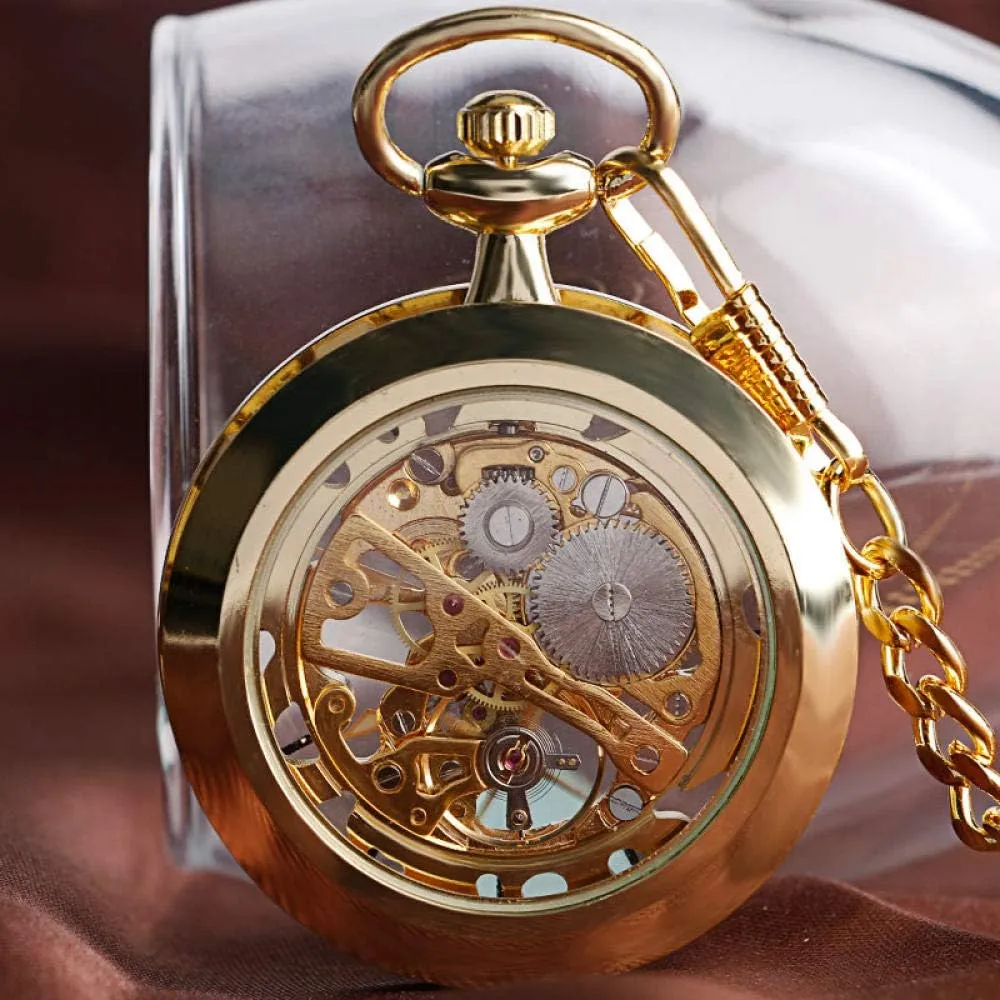 Watch Luxury Golden Pocket Watch Skeleton Steampunk administer bay plunge genre Mechanical Hand Wind Fob Clock Men Women Unisex Gift   Chain Gift,1 Pocket 